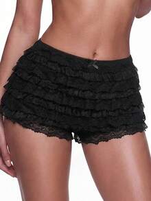 SHEIN ICON Ladies' Multi-Layer Frill Hem Low-Rise Y2K Concert Going Out White Ruffle Shorts - Black - View 3
