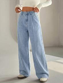 SHEIN Unity Women's Casual Streetwear Washed Straight Leg Jeans Everyday School Light Blue Summer - Blue - View 3