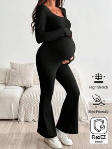 SHEIN Maternity Solid Color Minimalist Simple Versatile Long Sleeve Flared Leg Jumpsuit Autumn Photoshoot - Black - View 2