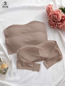 SHEIN 3件組優雅舒適女款無肩帶無縫內衣 摩卡色 - 摩卡棕 - 查看 4