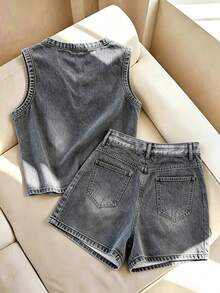 Franclia Women's Casual Round Neck Tank Top And Button Shorts Denim Effect Print 2-Piece Set - Dark Grey - View 2