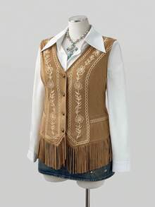 Sunspun Plus Size Western Vintage Print Fringe Suede Vest V-Neck Sleeveless Waist-Cinching Denim Style Jacket - Brown - View 7