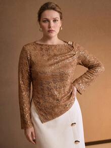 MOTF PREMIUM PLUS SIZE WOMEN'S AUTUMN/WINTER KNIT SEQUIN & METALLIC DECOR ASYMMETRICAL HEM TOP - Brown - View 3