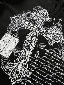 ROMWE MEN Goth 男士深色十字印花時尚寬鬆長袖T恤 - 黑色 - 查看 2