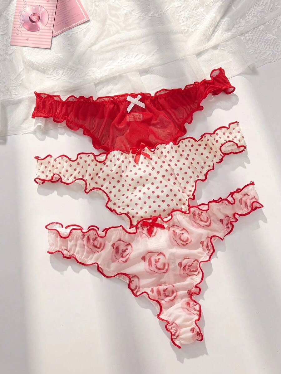 PetitDoll 3 条装 生菜边饰蝴蝶结前性感丁字裤内衣 - 紅白色 - 查看 1
