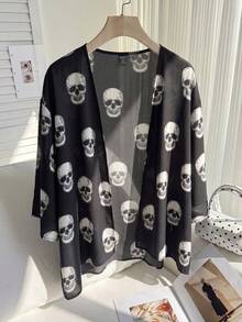 SHEIN EZwear 大尺碼女款骷髏印花短袖寬鬆夾克 - 黑與白 - 查看 3