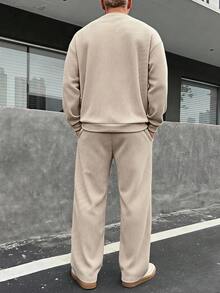 DAZY 夏季純色紋理布料彈性腰男士T恤套裝 - 米色 - 查看 2