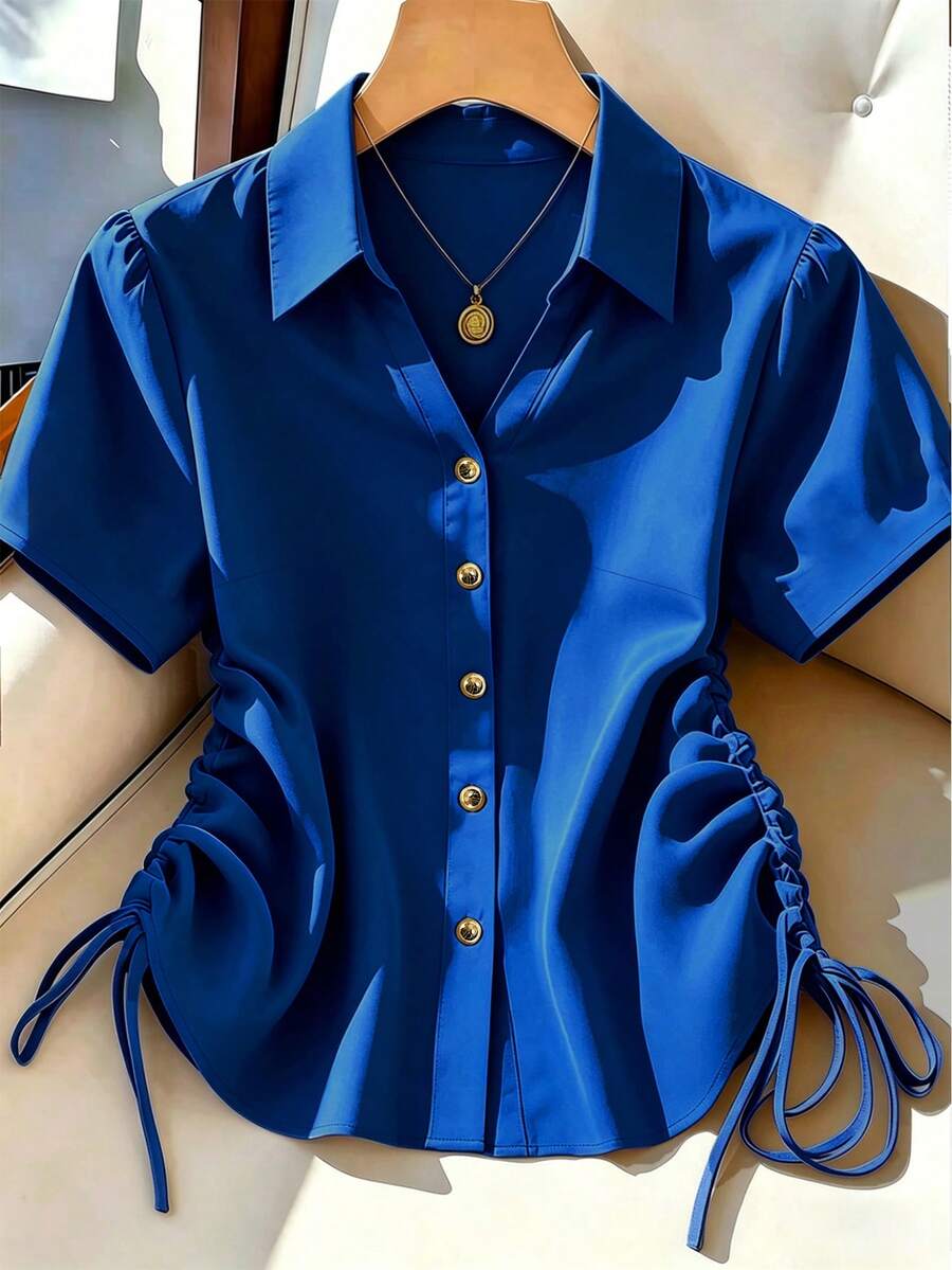 Franclia 女款夏季休閒純色側抽繩襯衫 - 寶藍色 - 查看 1