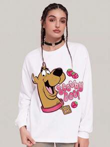 SCOOBY-DOO X SHEIN Kaos Wanita Lengan Panjang Putih Leher Bulat Motif Anjing dengan Stroberi, Lucu, Musim Gugur/Semi - Aprikot - View 1