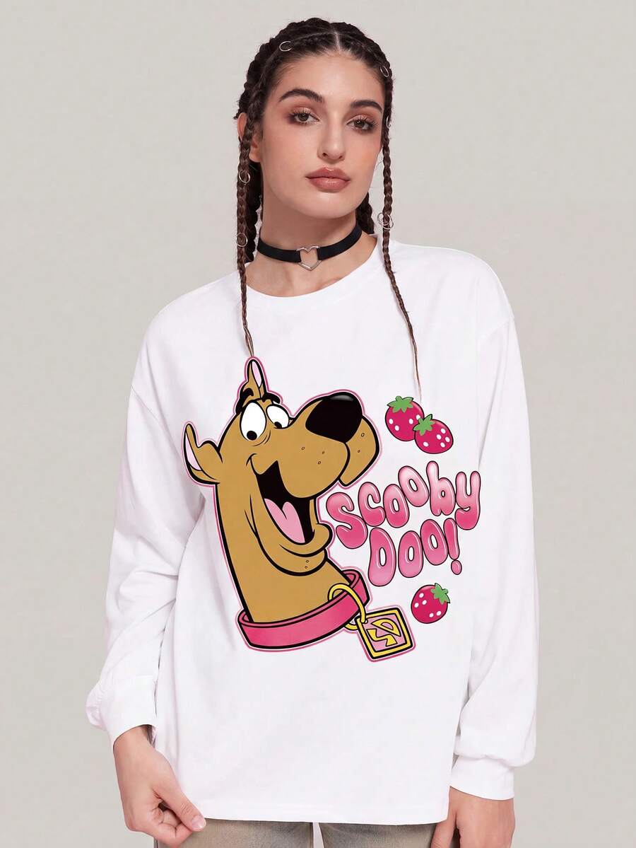 SCOOBY-DOO X SHEIN Kaos Wanita Lengan Panjang Putih Leher Bulat Motif Anjing dengan Stroberi, Lucu, Musim Gugur/Semi - Aprikot - View 1