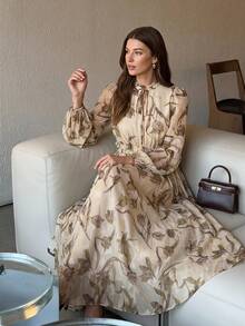 Enchnt Premium Pre-Fall Romantic Women's Elegant Apricot Stylish Silhouette Print Long Dress,Festival Outfits,Casual Dress,Work Outfits,Office Wear - Coffee - View 8