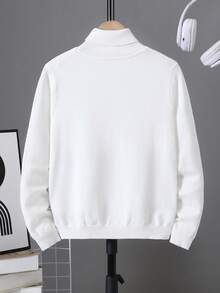 SHEIN White Autumn/Winter High Neck Kids Vintage Textured Comfortable Preppy Style Solid Color Loose Casual Sweater Suitable For School And Outings - White - View 3
