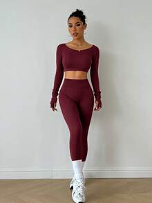 Slayform Slayform Sexy Long Sleeve Pants Set Cross Strap Seamless Knit Women's Sports Outfit - Burgundy - View 3