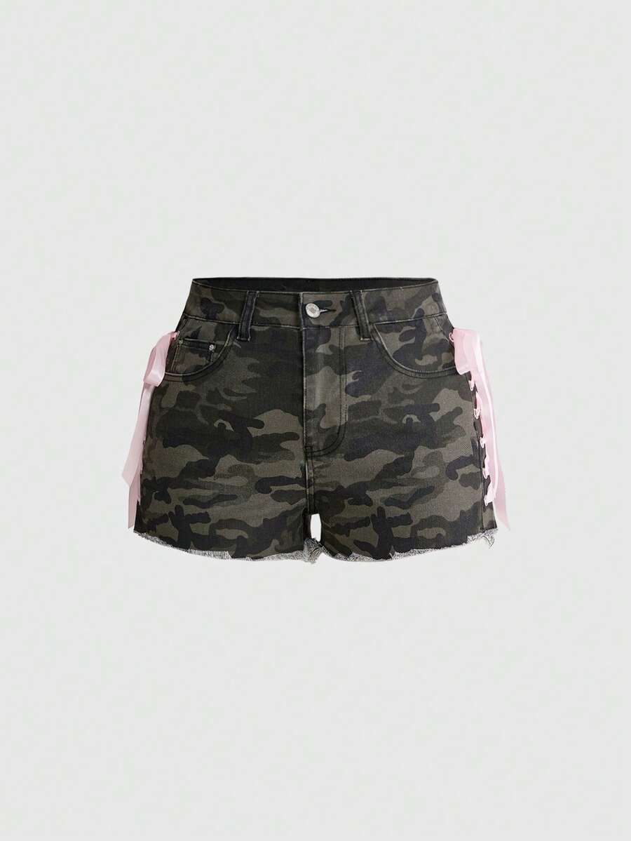 ROMWE Y2K Camo Colorblock Sexy Side Tie Slim Fit Plus Size Denim Shorts - Army Green - View 1