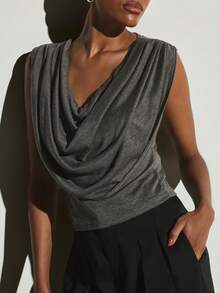 KSTM Cowl Neck Sleeveless Fitted Tank Top With Draped Front Detail Casual Chic Summer Layering Piece - Grey - View 3