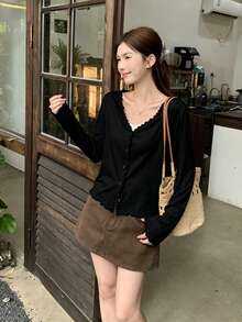 K-Vae Women's Casual Minimalist Basic Versatile Solid Color Thin Cardigan Office Black Autumn - Black - View 4