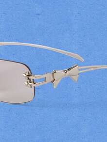 Popjeli Y2K Millennium Wind Four-Pointed Star Rivet Frameless Sunglasses, Cold Silver Metal Hollow Thin Temple Light Gray Pieces, Niche Heavy Industry Metal D - Silver - View 8