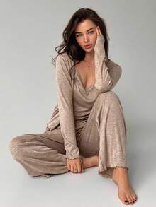 Livesso Women's Solid Color Long Sleeve Open Front Top, Camisole And Pants Loungewear Set Fall - Khaki - View 8