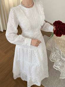 DAZY Autumn Casual French Romantic Elegant Wedding Lace White Women's Long Dress Garden Party Vacation - Pearl White - View 6