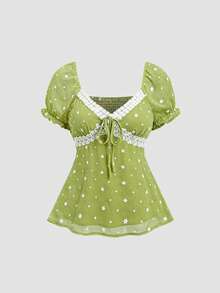 SHEIN Sweetro Spring Summer Autumn Green Woven Floral Print Fashion Sexy Sweet Comfortable Commute Low Neckline Lace Trim Bow Tie Strap Short Sleeve Blouse For Women - Multicolor - View 1