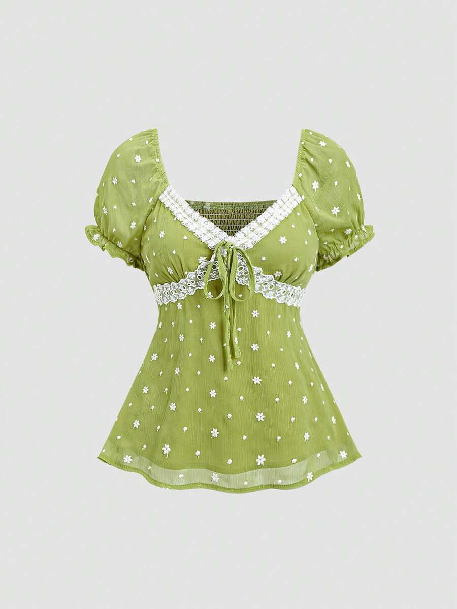 SHEIN Sweetro Spring Summer Autumn Green Woven Floral Print Fashion Sexy Sweet Comfortable Commute Low Neckline Lace Trim Bow Tie Strap Short Sleeve Blouse For Women - Multicolor - View 1