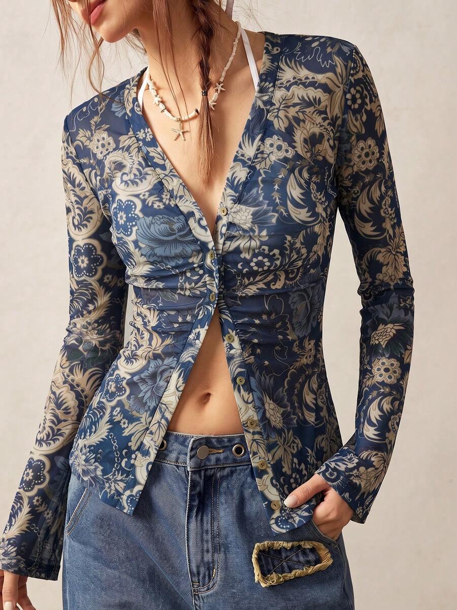 Bohemela 休閒針織網格印花長袖女款上衣 - 藍色 - 查看 1