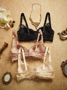 PinupPomp 3pcs/Set Women Minimalist Wire-Free Bra, Lace French Lingerie Set - Multicolor - View 2