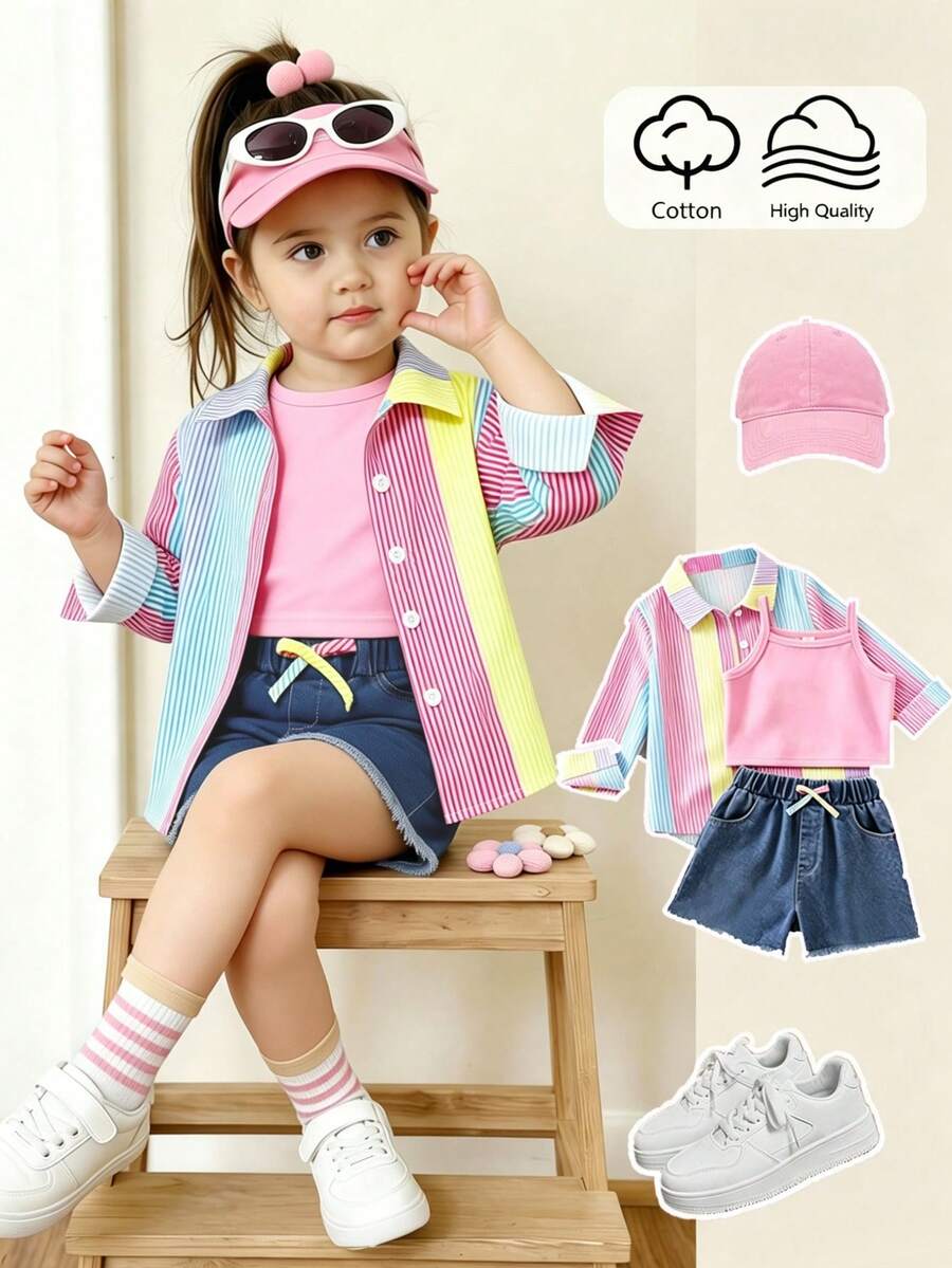 SHEIN Explorewe 女童三件套复古休闲套装,清新多巴胺彩虹条纹数码印花梭织面料白色长袖翻领衬衫外套,面料柔软舒适;基础款粉色纯色针织露脐无袖修身吊带衫,简约百搭,适合叠穿;搭配浅蓝色休闲时尚牛仔短裤,适合春夏日常上学、度假、聚会、节日等场合。 - 彩色 - 查看 1