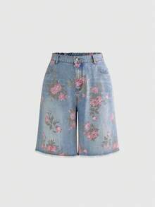 ROMWE Fairycore Celana Jeans Wanita Ukuran Besar Model Longgar dengan Potongan Lebar dan Motif Bunga Vintage. - Biru - View 1