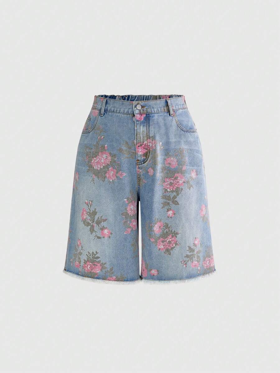 ROMWE Fairycore Celana Jeans Wanita Ukuran Besar Model Longgar dengan Potongan Lebar dan Motif Bunga Vintage. - Biru - View 1