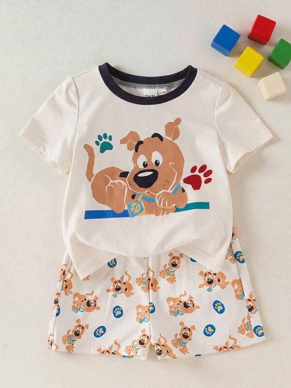SCOOBY-DOO X SHEIN Baby Boy Cute & Comfortable Dog Print Round Neck Short Sleeve T-Shirt And Shorts Pajama Set, Summer