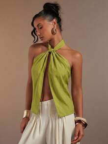 Hauture Women's Sexy Abstract Print Halter Neck Backless Linen Top - Green - View 5