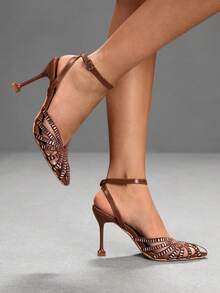 CUCCOO SZL New European And American Fashion Rhinestone Hollow Lace-Up Pointed High-Heeled Sandals Fall Shoes - Rust Brown - View 3