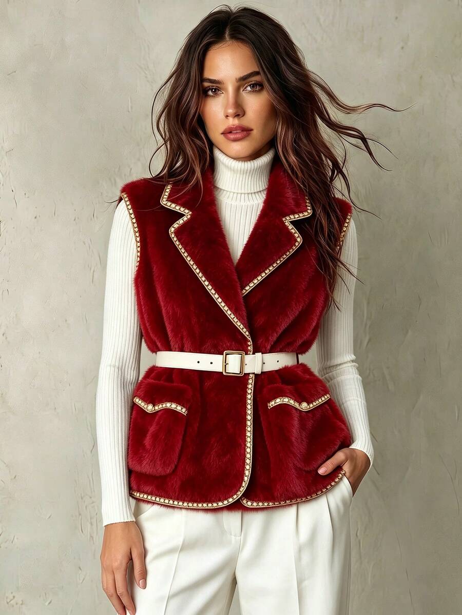 Franclia New Autumn/Winter Fashionable Women Faux Fur Vest - Red - View 1