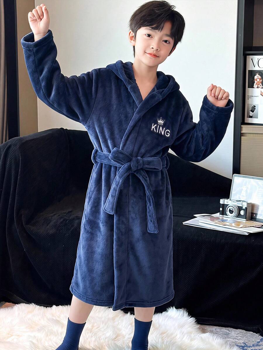 兒童青少年男孩休閒秋冬款毛絨字母圖案藍色連帽家居服睡袍睡衣,柔軟親膚法蘭絨 - 寶藍色 - 查看 1