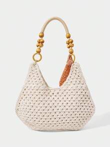SHECARRY Women's Fashionable Elegant Simple Spring And Summer Vacation Beach Straw Woven Silk Scarf Decoration Wooden Beads Shoulder Strap Design Shoulder Bag - White - View 5