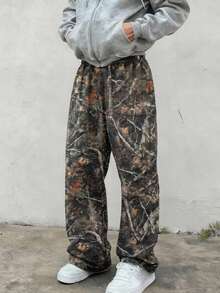 SHEIN 兒童青少年男孩休閒日常舒適印花圖案直筒寬鬆梭織長褲 - 棕色 - 查看 5