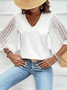 EMERY ROSE Loose Fit Mesh Contrast V-Neck Shirt - White - View 6