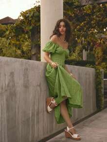 Aralina 夏季花瓣袖V領度假長洋裝 - 綠色 - 查看 7