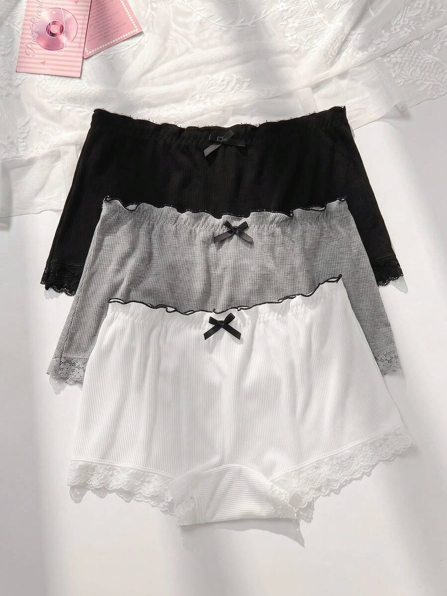 PetitDoll 3 piezas/Set Bragas tipo hipster casuales con aplicación de encaje y ribete acanalado para mujeres - Multicolor - Ver 1