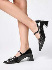 ROMWE Grunge Punk Elegant Pointed Toe Chunky Heel Lacquer Leather Pumps For Christmas Y2K 2000s Style - Love Black - View 5