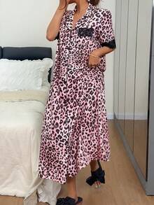 Napfluff Standard Size Women's Leopard Print Short Sleeve Lace Patchwork Nightgown, Comfortable Front Button Shirt Nightdress, Spring/Summer Wear, Cozy Home - Pink - View 7