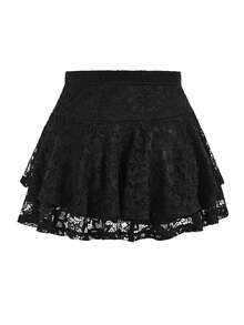ROMWE PUNK Ruffle Hem Lace Skirt, School - Black - View 2
