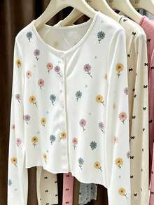 Resyla Women's Daisy Print Long Sleeve Single-Breasted Casual Top - White - View 5