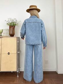 SHEIN EZwear 女款長袖單排扣襯衫與長褲休閒街頭風牛仔套裝 秋季旅行淺藍色 - 中等水洗藍 - 查看 2