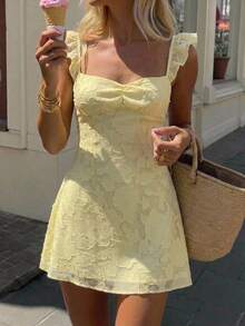 Aloruh Women's Summer Elegant Cute Solid Color Cut-Out Short Dress Vacation Going Out Pale Yellow - Light Yellow - View 8