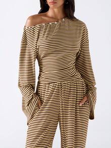 LYSMO Women's Striped Asymmetrical Shoulder Long Sleeve Top And Pants Casual Daily 2 Pieces Set - Light Yellow - View 4