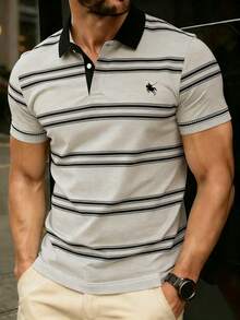 Manfinity Dauomo Men's Casual Short-Sleeve Shirt - Striped Design. Regular Fit, Button-Down Collar, Suitable For All Seasons, Easy To Care For. Made From A Slightly Stretchy Knit Fabric. - Apricot - View 1