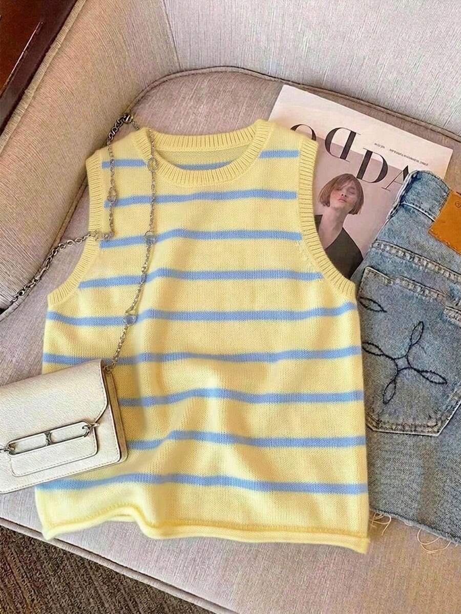Muvela Casual Preppy Blue And Yellow Base With Stripes Back-To-School Versatile Women's Sweater Vest Suitable For Autumn And School - Multicolor - View 1