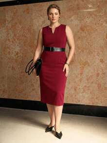 MOTF PREMIUM PLUS SIZE MINIMALIST CHIC SPLIT DESIGN MIDI DRESS WITH WIDE WAIST BELT - Red - View 8